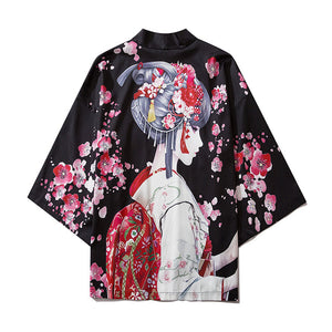 Japanese Sakura Black Red Anime Girl Long Kimono Cardigan Robes-Kawaii Dream