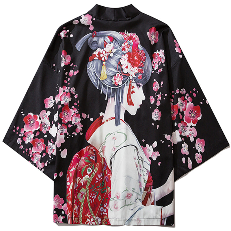 Japanese Sakura Black Red Anime Girl Long Kimono Cardigan Robes-Kawaii Dream