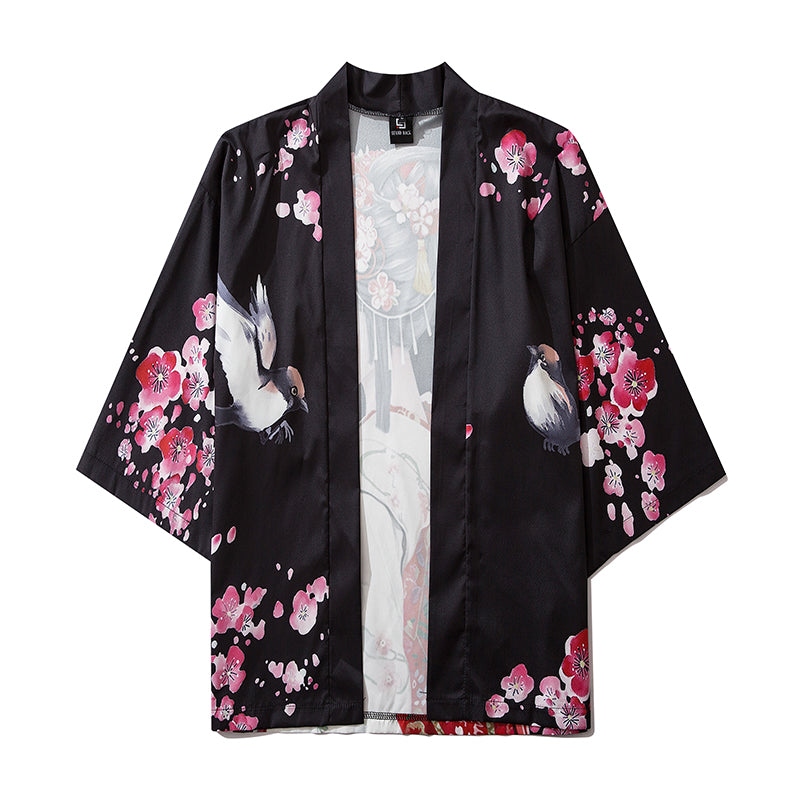 Japanese Sakura Black Red Anime Girl Long Kimono Cardigan Robes-Kawaii Dream
