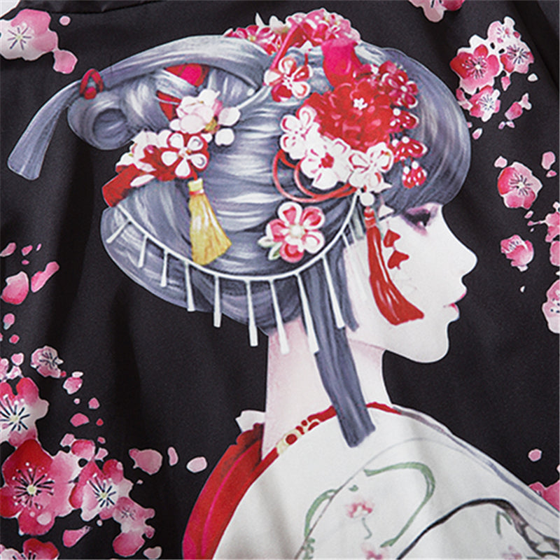 Japanese Sakura Black Red Anime Girl Long Kimono Cardigan Robes-Kawaii Dream