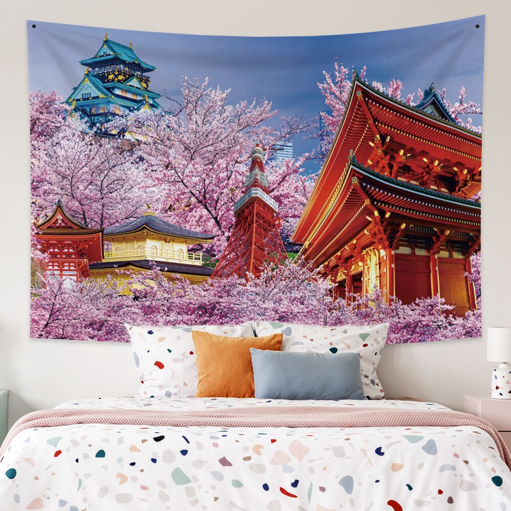 Japanese Sakura Pagoda Osaka Castle Tapestry-Kawaii Dream