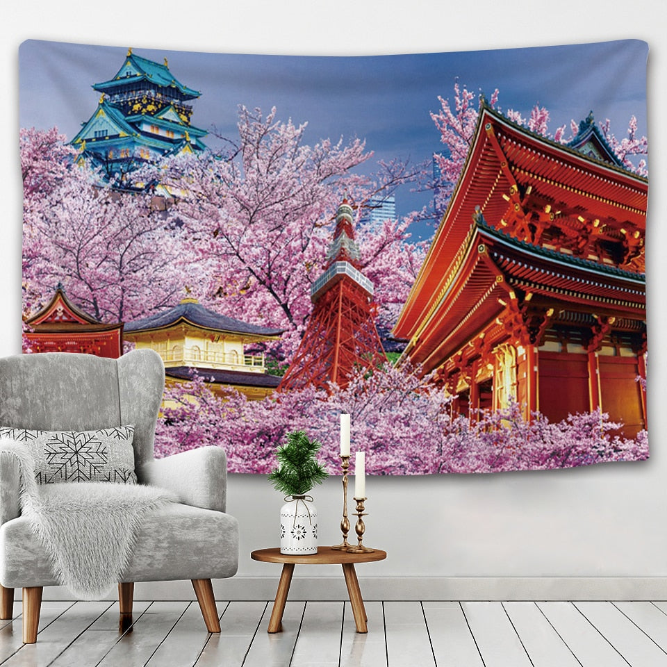Japanese Sakura Pagoda Osaka Castle Tapestry-Kawaii Dream