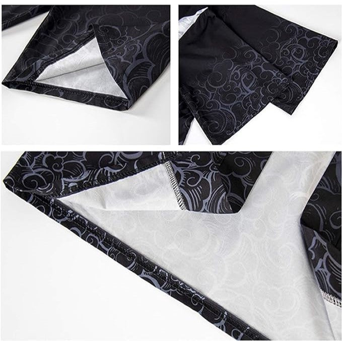 Japanese White Black Sakura Crane Mountains Mens Two-Piece Kimono Yukata Top & Pants Sets-Kawaii Dream