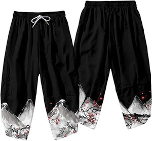 Japanese White Black Sakura Crane Mountains Mens Two-Piece Kimono Yukata Top & Pants Sets-Kawaii Dream
