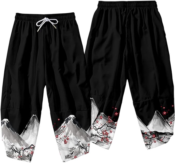 Japanese White Black Sakura Crane Mountains Mens Two-Piece Kimono Yukata Top & Pants Sets-Kawaii Dream