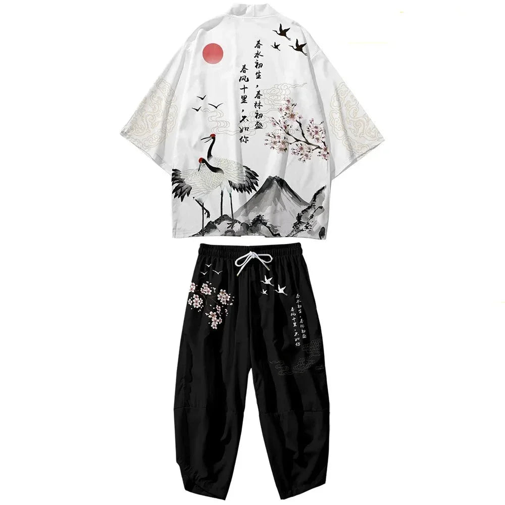Japanese White Black Sakura Crane Mountains Mens Two-Piece Kimono Yukata Top & Pants Sets-Kawaii Dream