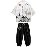 Japanese White Black Sakura Crane Mountains Mens Two-Piece Kimono Yukata Top & Pants Sets-Kawaii Dream