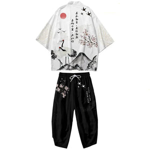 Japanese White Black Sakura Crane Mountains Mens Two-Piece Kimono Yukata Top & Pants Sets-Kawaii Dream