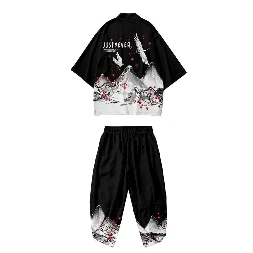 Japanese White Black Sakura Crane Mountains Mens Two-Piece Kimono Yukata Top & Pants Sets-Kawaii Dream