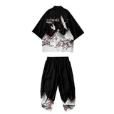 Japanese White Black Sakura Crane Mountains Mens Two-Piece Kimono Yukata Top & Pants Sets-Kawaii Dream