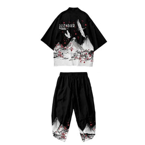 Japanese White Black Sakura Crane Mountains Mens Two-Piece Kimono Yukata Top & Pants Sets-Kawaii Dream