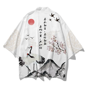 Japanese White Black Sakura Crane Mountains Mens Two-Piece Kimono Yukata Top & Pants Sets-Kawaii Dream