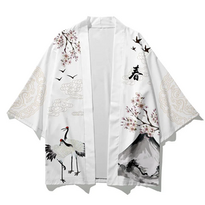 Japanese White Black Sakura Crane Mountains Mens Two-Piece Kimono Yukata Top & Pants Sets-Kawaii Dream