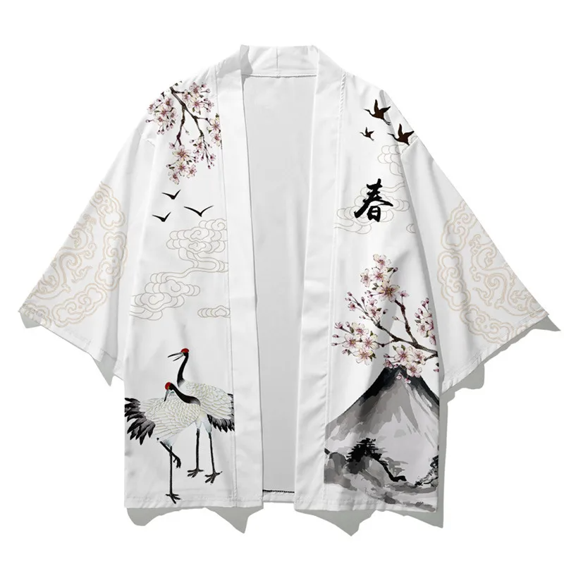 Japanese White Black Sakura Crane Mountains Mens Two-Piece Kimono Yukata Top & Pants Sets-Kawaii Dream