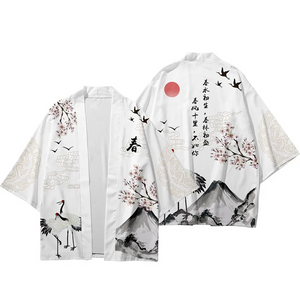 Japanese White Black Sakura Crane Mountains Mens Two-Piece Kimono Yukata Top & Pants Sets-Kawaii Dream