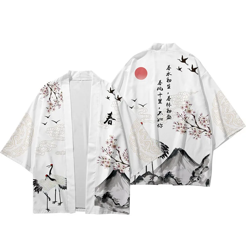 Japanese White Black Sakura Crane Mountains Mens Two-Piece Kimono Yukata Top & Pants Sets-Kawaii Dream