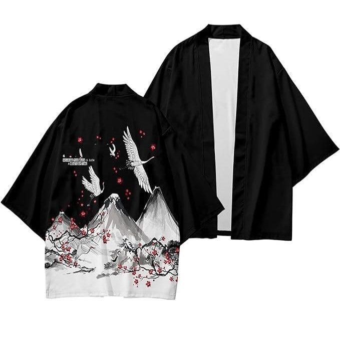 Japanese White Black Sakura Crane Mountains Mens Two-Piece Kimono Yukata Top & Pants Sets-Kawaii Dream