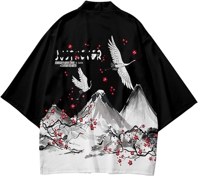 Japanese White Black Sakura Crane Mountains Mens Two-Piece Kimono Yukata Top & Pants Sets-Kawaii Dream