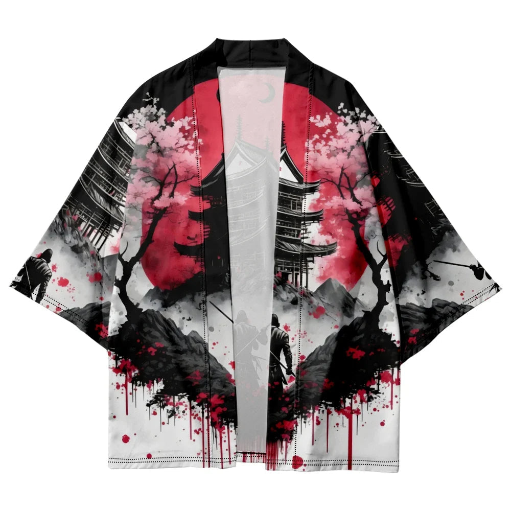 Japanese-theme Ancient Pagoda Sakura Red Sun Unisex Kimono-Kawaii Dream