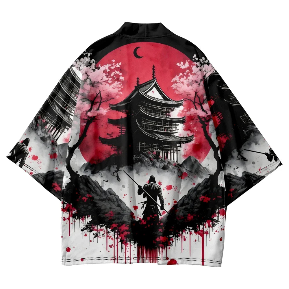 Japanese-theme Ancient Pagoda Sakura Red Sun Unisex Kimono-Kawaii Dream