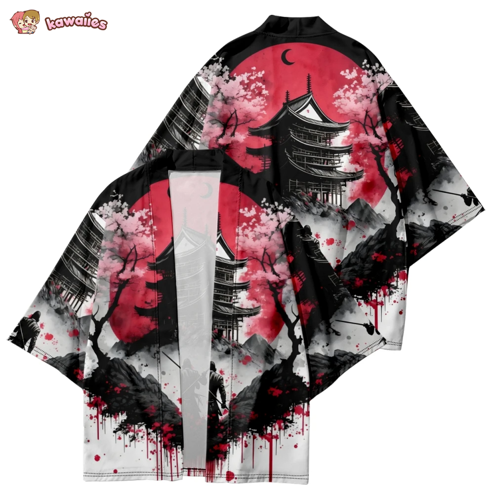 Japanese-theme Ancient Pagoda Sakura Red Sun Unisex Kimono-Kawaii Dream