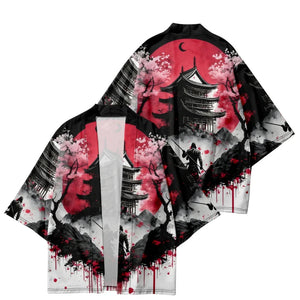 Japanese-theme Ancient Pagoda Sakura Red Sun Unisex Kimono-Kawaii Dream