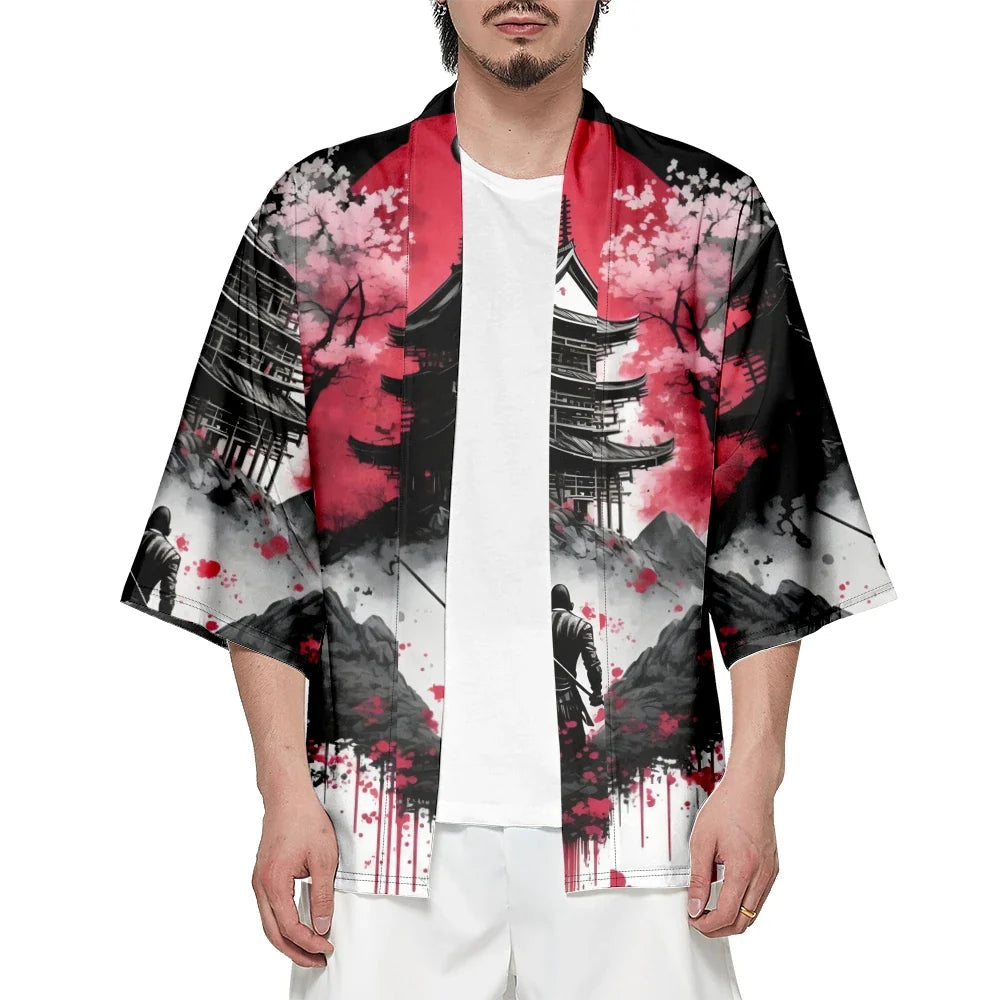 Japanese-theme Ancient Pagoda Sakura Red Sun Unisex Kimono-Kawaii Dream