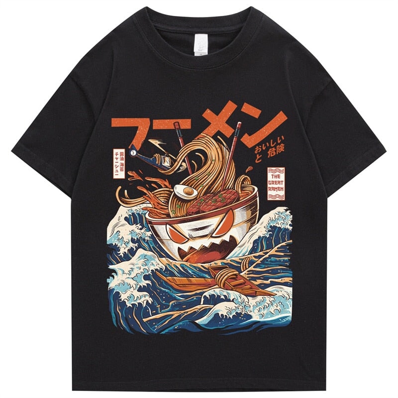 Japanese-theme Flaming Hot Noodles Great Waves Unisex Tee-Kawaii Dream