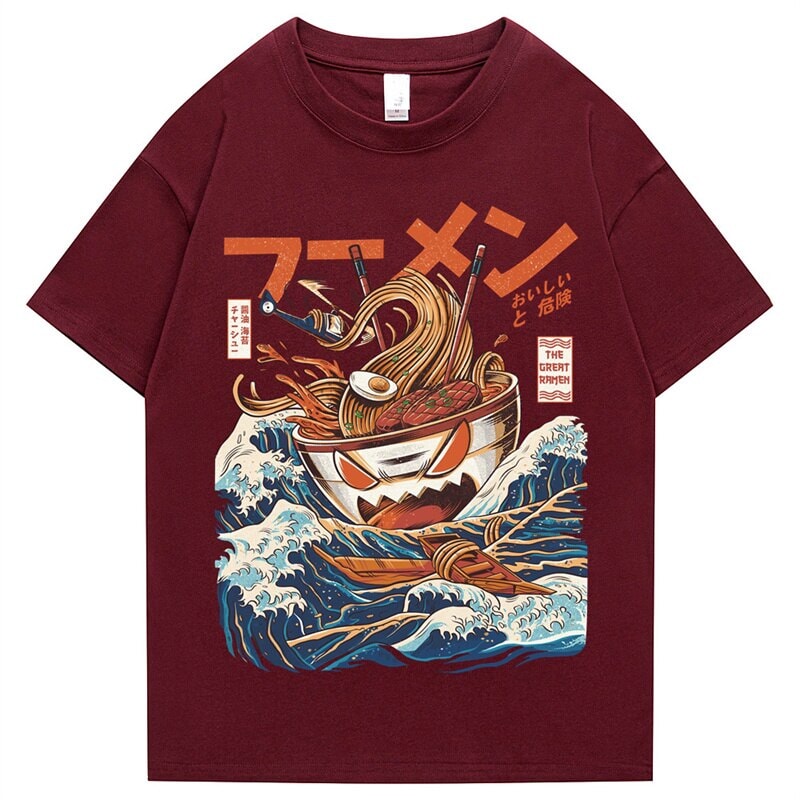 Japanese-theme Flaming Hot Noodles Great Waves Unisex Tee-Kawaii Dream