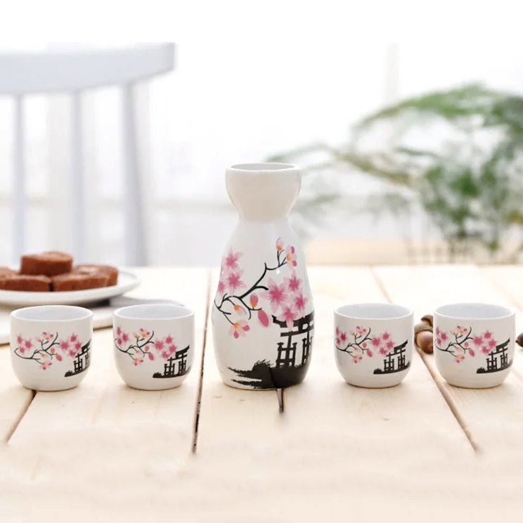 Japanese-theme Sakura Blossom Ceramic Sake Set 5-Piece Cup Collection-Kawaii Dream