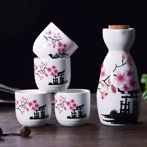 Japanese-theme Sakura Blossom Ceramic Sake Set 5-Piece Cup Collection-Kawaii Dream