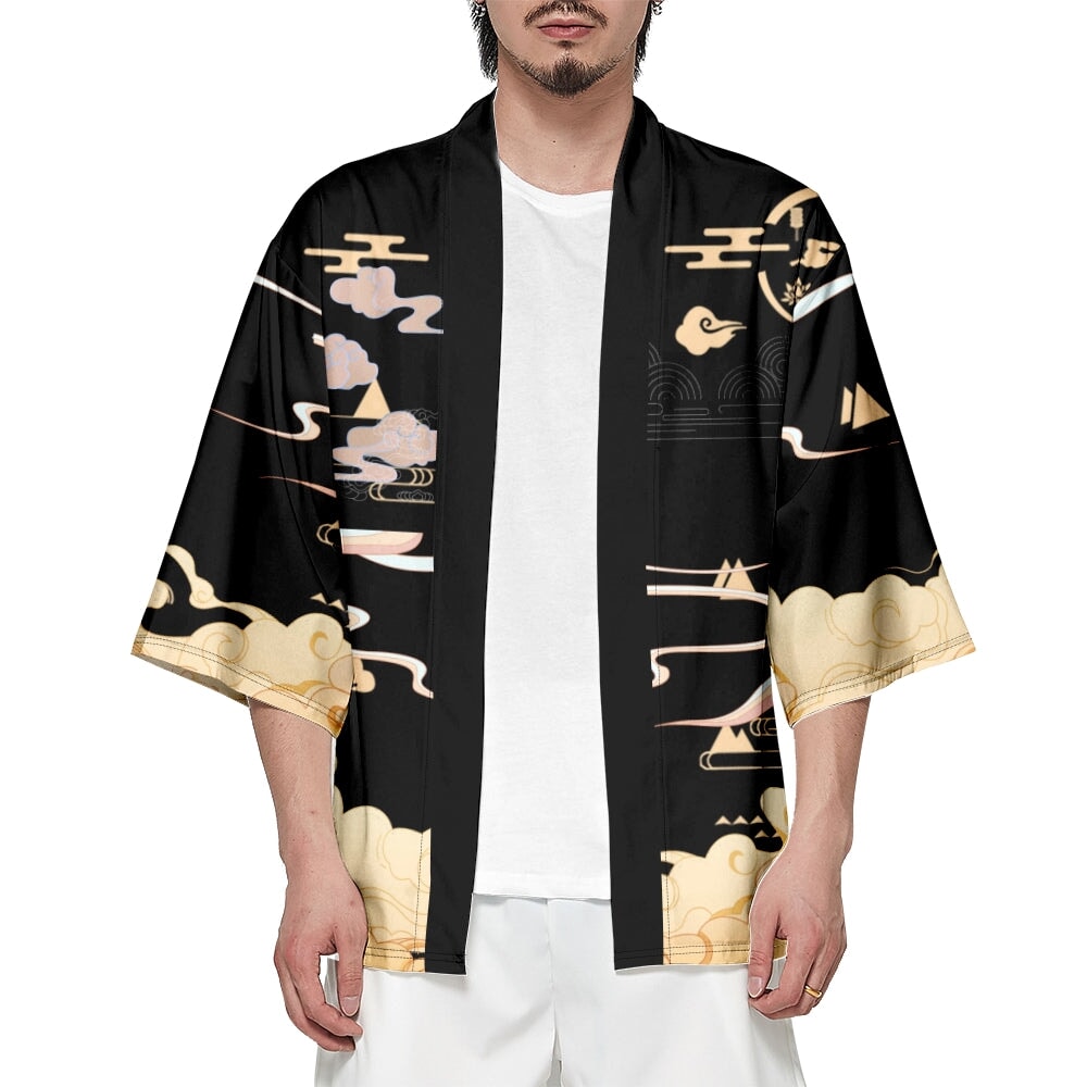 Japanese-themed Black Gold Nine Tailed Fox Unisex Kimono-Kawaii Dream