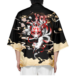 Japanese-themed Black Gold Nine Tailed Fox Unisex Kimono-Kawaii Dream