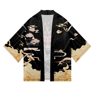 Japanese-themed Black Gold Nine Tailed Fox Unisex Kimono-Kawaii Dream