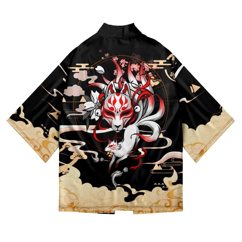 Japanese-themed Black Gold Nine Tailed Fox Unisex Kimono-Kawaii Dream