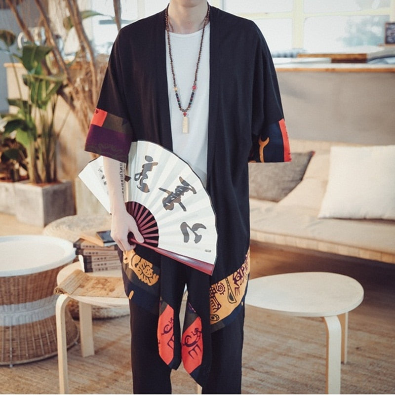 Japanese-themed Colorful Zigzag Black Men's Haori Yukata Kimono Jacket-Kawaii Dream