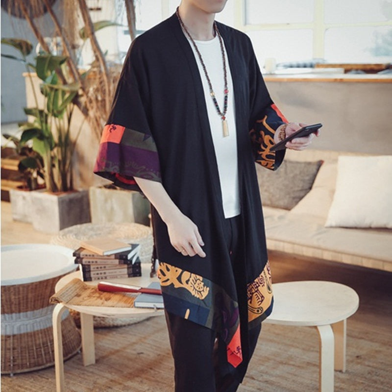 Japanese-themed Colorful Zigzag Black Men's Haori Yukata Kimono Jacket-Kawaii Dream