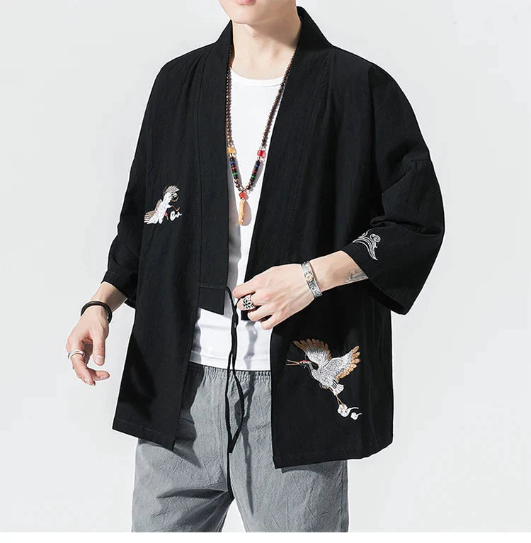 Japanese-themed Crane Cloud Minimal Men's Yukata Kimono Jacket-Kawaii Dream