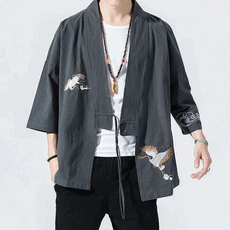 Japanese-themed Crane Cloud Minimal Men's Yukata Kimono Jacket-Kawaii Dream
