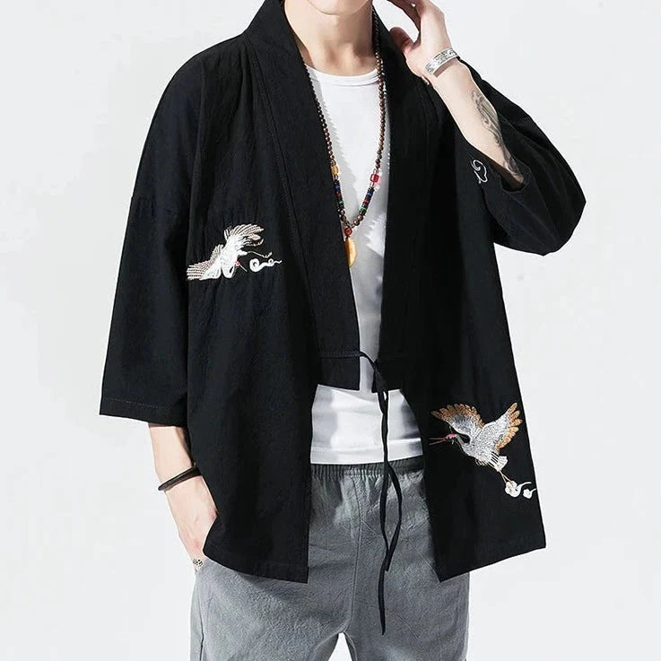 Japanese-themed Crane Cloud Minimal Men's Yukata Kimono Jacket-Kawaii Dream