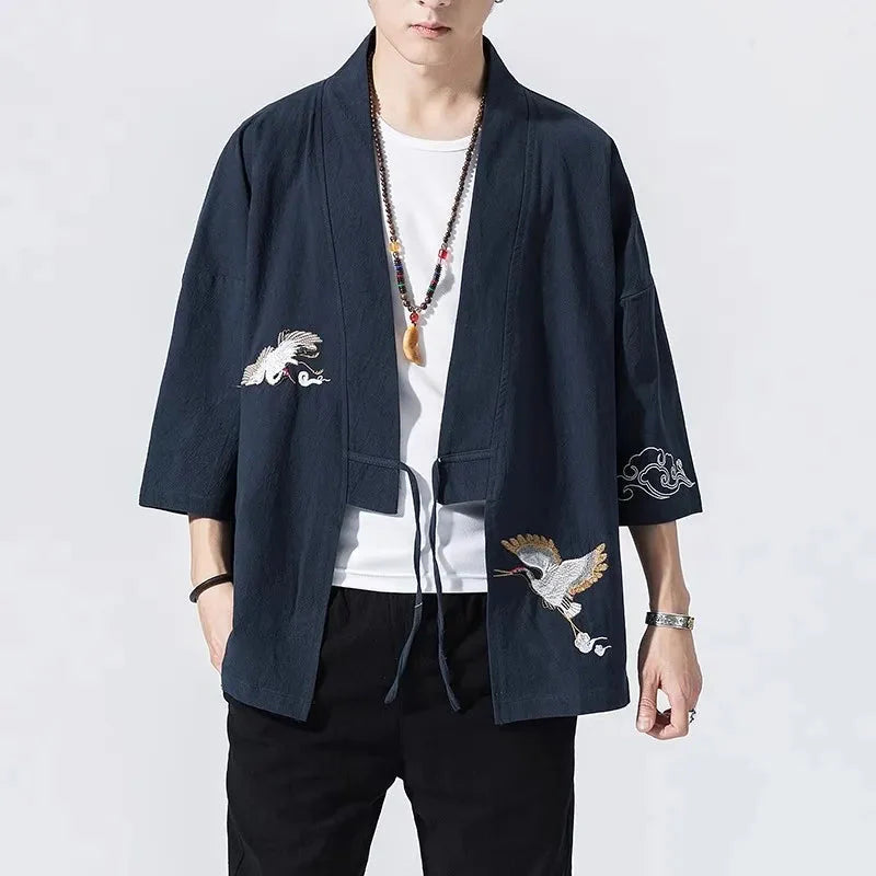 Japanese-themed Crane Cloud Minimal Men's Yukata Kimono Jacket-Kawaii Dream
