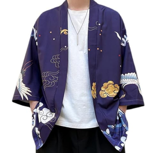 Japanese-themed Crane Cloudy Waves Unisex Purple/White Kimono-Kawaii Dream