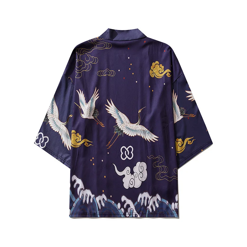 Japanese-themed Crane Cloudy Waves Unisex Purple/White Kimono-Kawaii Dream