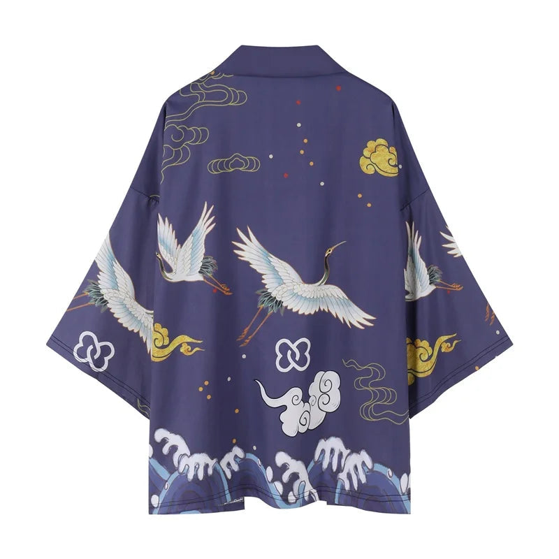 Japanese-themed Crane Cloudy Waves Unisex Purple/White Kimono-Kawaii Dream