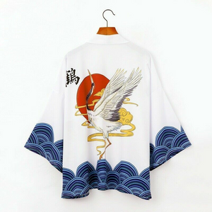 Japanese-themed Crane Cloudy Waves Unisex Purple/White Kimono-Kawaii Dream