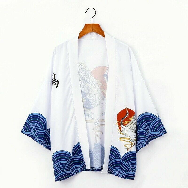 Japanese-themed Crane Cloudy Waves Unisex Purple/White Kimono-Kawaii Dream