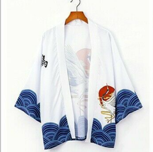 Japanese-themed Crane Cloudy Waves Unisex Purple/White Kimono-Kawaii Dream