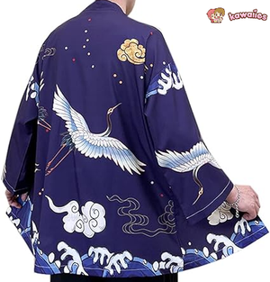 Japanese-themed Crane Cloudy Waves Unisex Purple/White Kimono-Kawaii Dream
