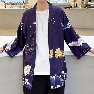 Japanese-themed Crane Cloudy Waves Unisex Purple/White Kimono-Kawaii Dream