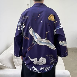 Japanese-themed Crane Cloudy Waves Unisex Purple/White Kimono-Kawaii Dream